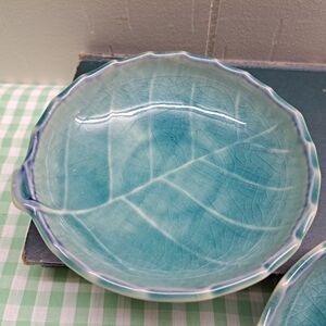 Japanese Turquoise Blue Leaf Crackle Glaze Trinket/candy/jewelry Dishes